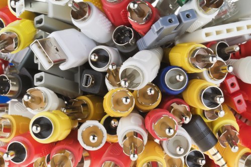 Overview of sustainable rubbish area with separated bins and signage