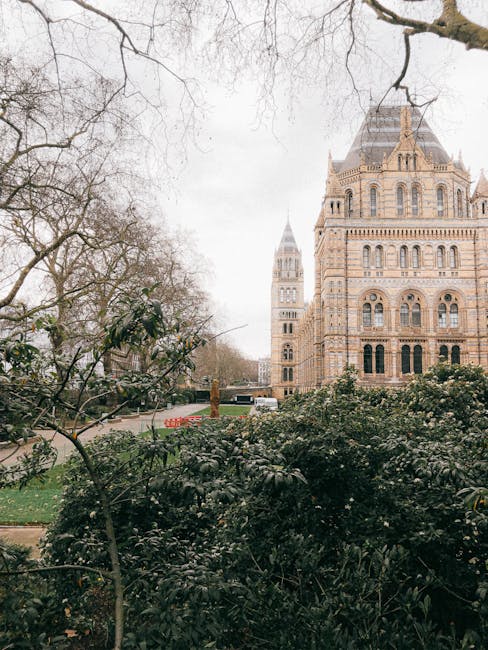 A view of the historic Horniman Museum building, constructed with detailed stonework and a mix of light brown and beige tones, situated in an outdoor setting. In the foreground, dense green shrubbery 